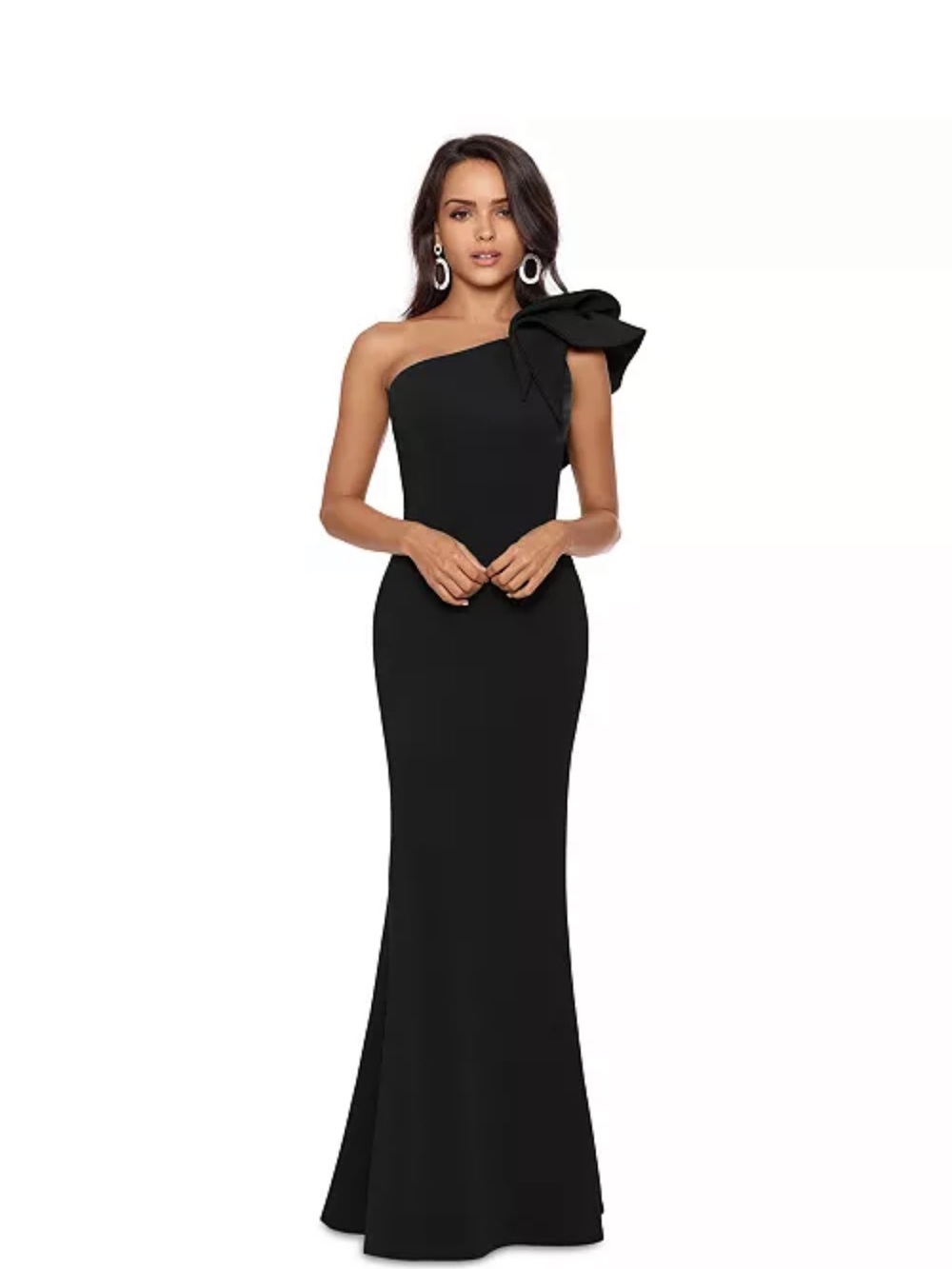 Betsy & Adam Black One-Shoulder Evening Gown with Sculpted Bow